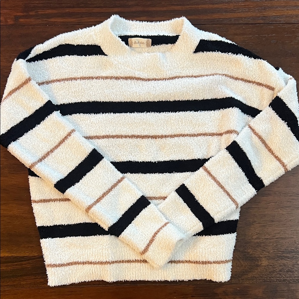 Altar'd State Black, White, and Tan Striped Crew Neck Sweater
